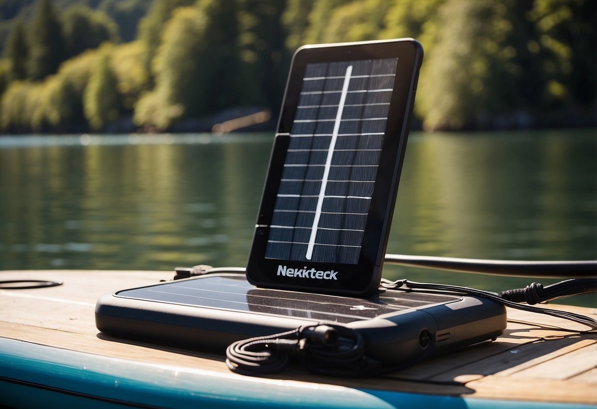 The Nekteck 21W Solar Charger is set up on a paddleboard, with the sun shining down on it. The charger is connected to a device, such as a phone or tablet, showing that it is powering the device