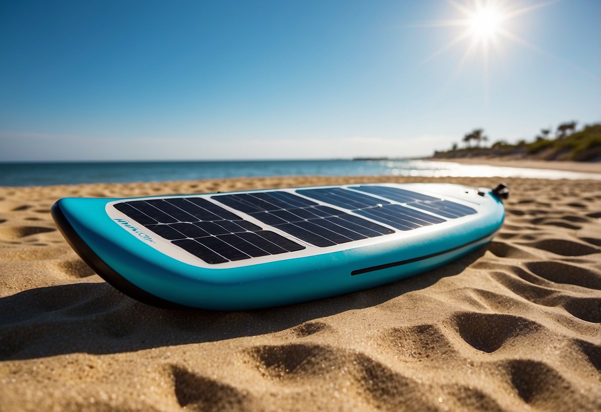 A sunny beach with a paddleboard, RAVPower 24W Solar Charger, and clear blue skies