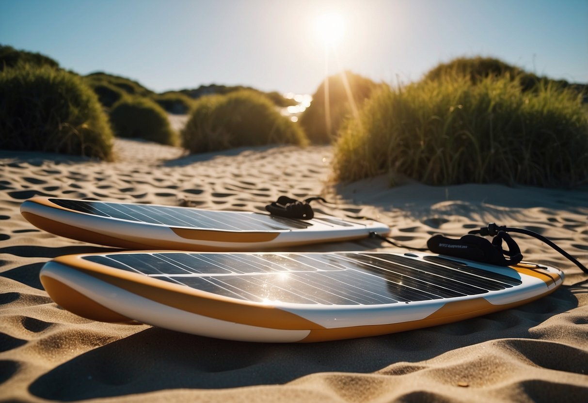 A sunny beach with paddleboards and solar chargers laid out. The chargers are connected to the boards, harnessing the sun's energy