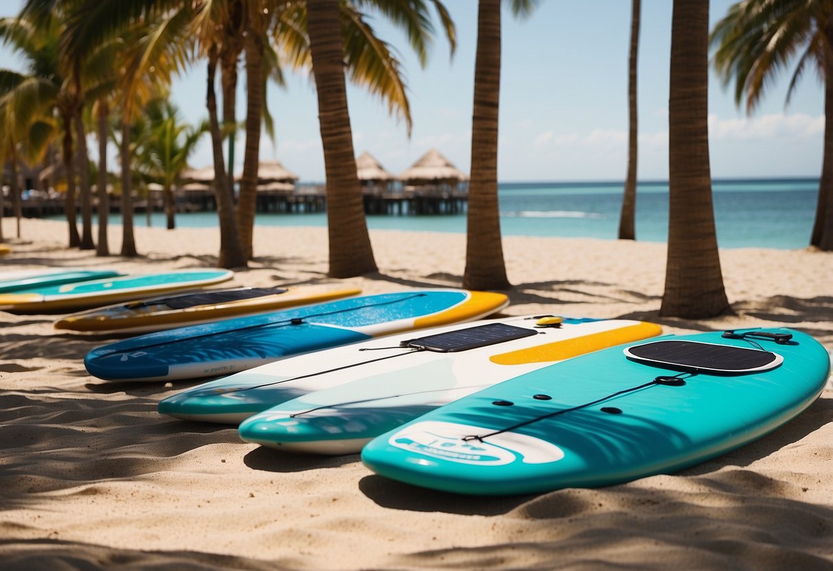 A sunny beach with paddleboards, solar chargers, and clear skies. Turquoise water and palm trees in the background