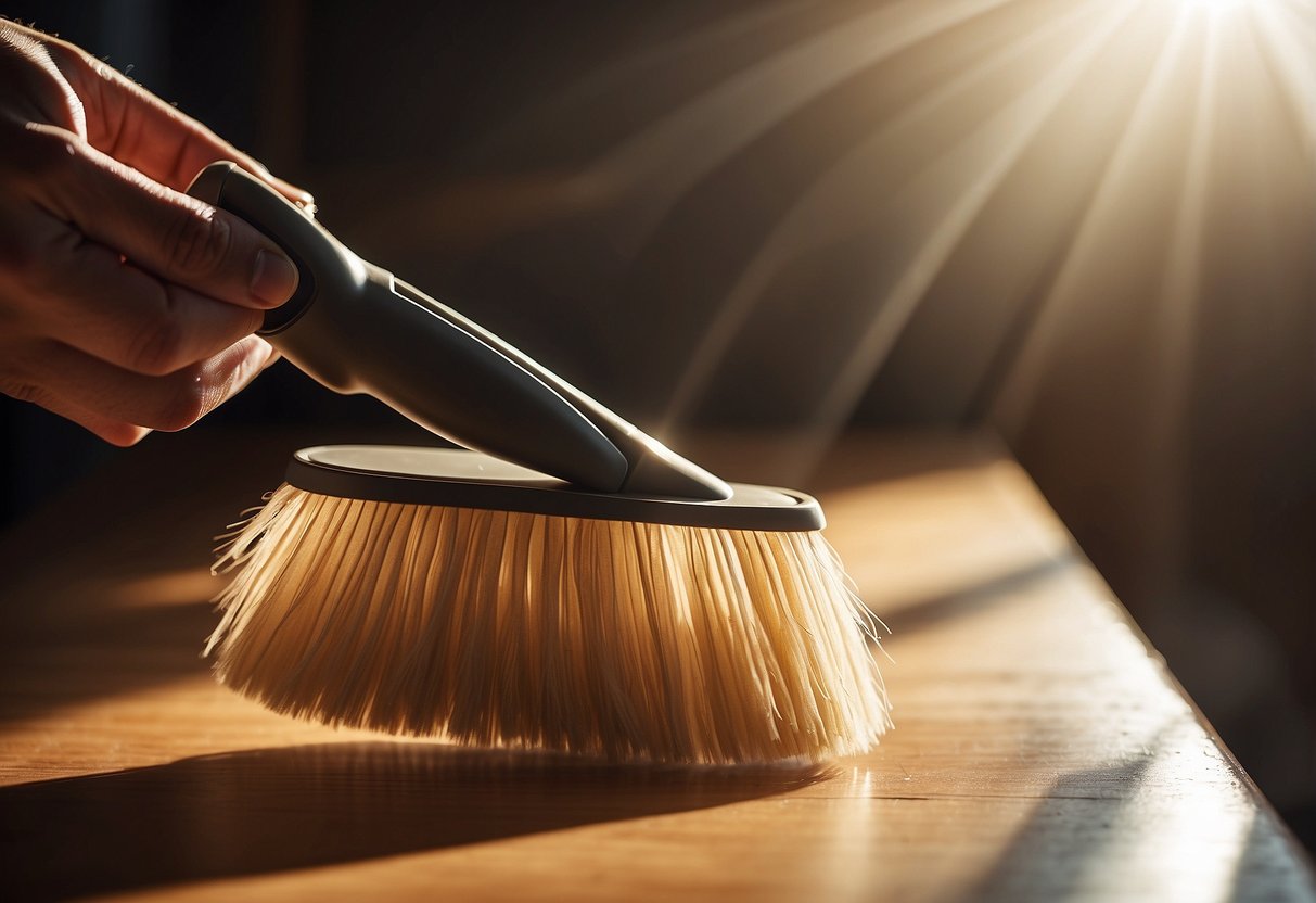 A hand-held duster glides over a polished wooden surface, removing dust particles in a circular motion. Sunlight filters through the window, highlighting the clean, smooth finish of the furniture
