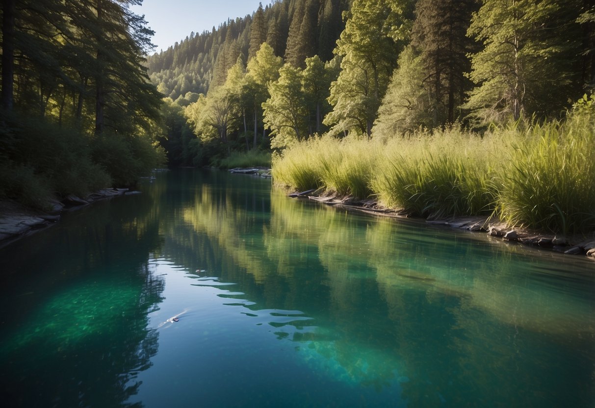 Crystal clear waters reflect the vibrant greenery along the winding river, as paddleboarders glide peacefully through the serene landscape