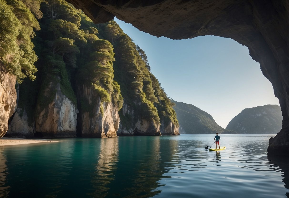 A serene bay with calm waters, surrounded by rocky cliffs and lush greenery. A paddleboarder glides peacefully along the glassy surface, with a clear view of the distant horizon