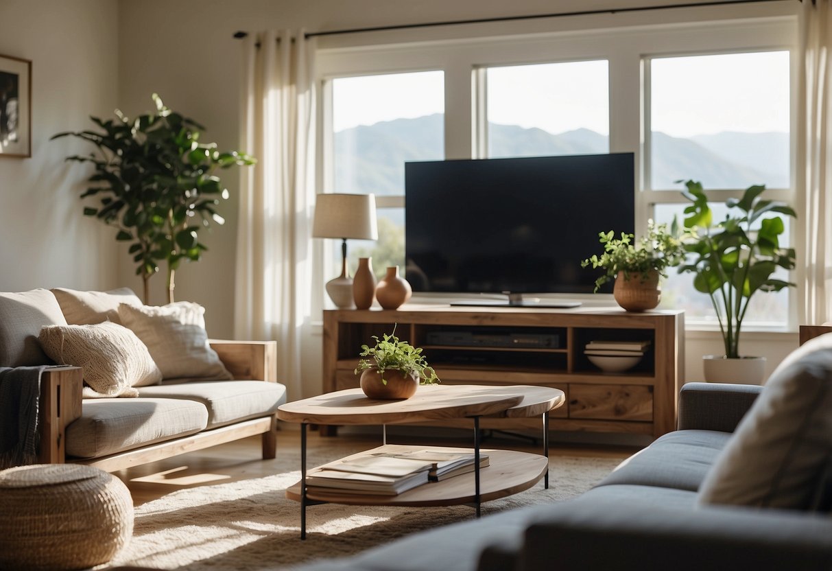 A cozy living room with a plush sofa, a wooden coffee table, and a sleek TV stand. Bright sunlight streams in through the window, casting warm shadows on the furniture