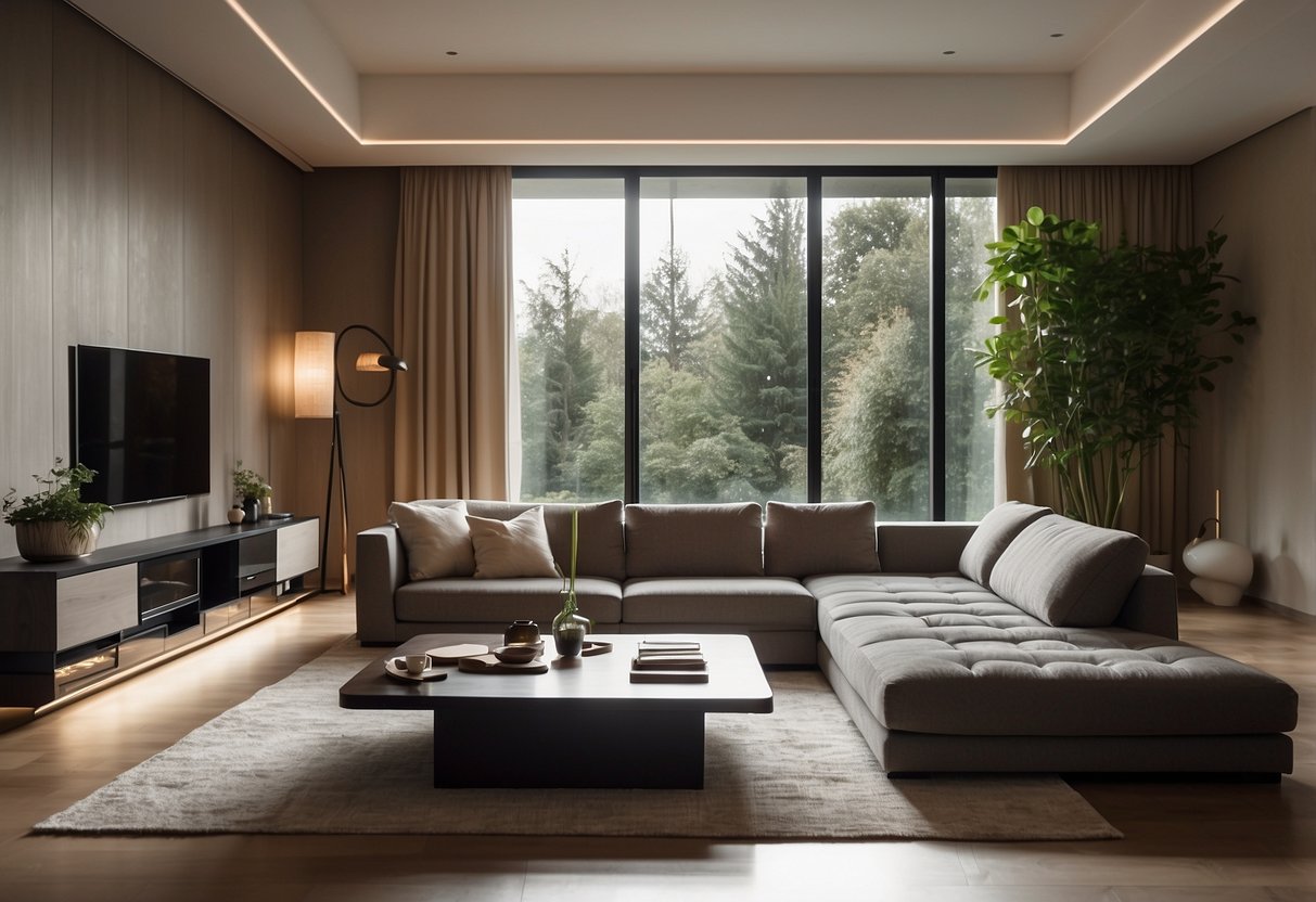 A modern living room with sleek TON furniture pieces arranged in a minimalist and elegant design. Light streams in through large windows, casting a warm glow on the clean lines and smooth surfaces of the furniture