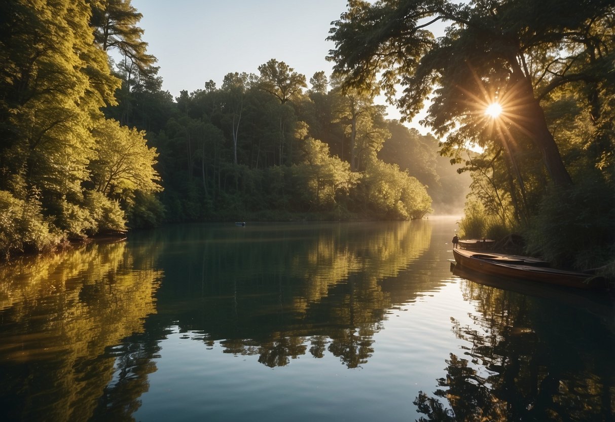 Crystal clear waters reflect the vibrant greenery along the serene riverbanks. The sun casts a warm glow over the calm surface, inviting paddleboarders to explore the picturesque route