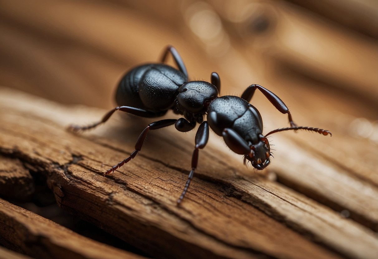 Ants crawl through the intricate patterns of wood furniture