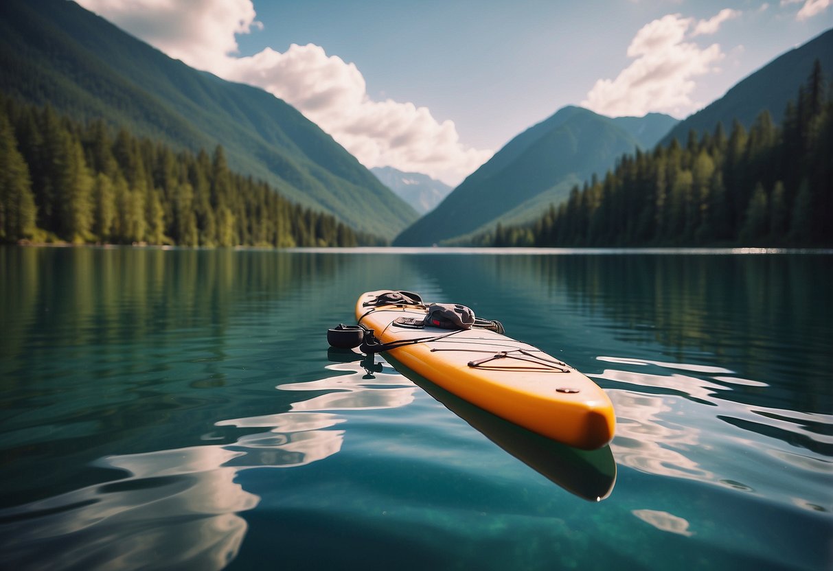 A paddleboard, paddle, life jacket, and waterproof bag on a serene lake with mountains in the background