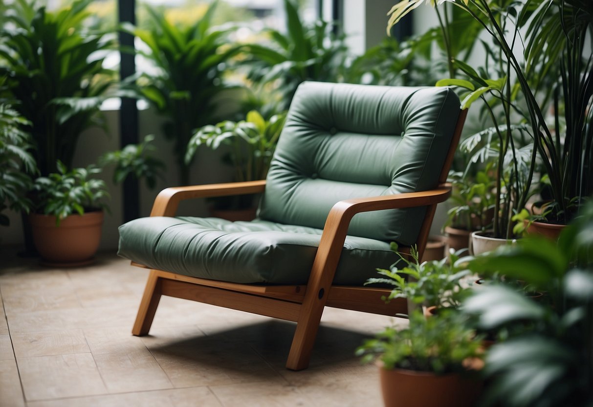 A modern, eco-friendly chair made from recycled materials, surrounded by lush green plants and natural lighting
