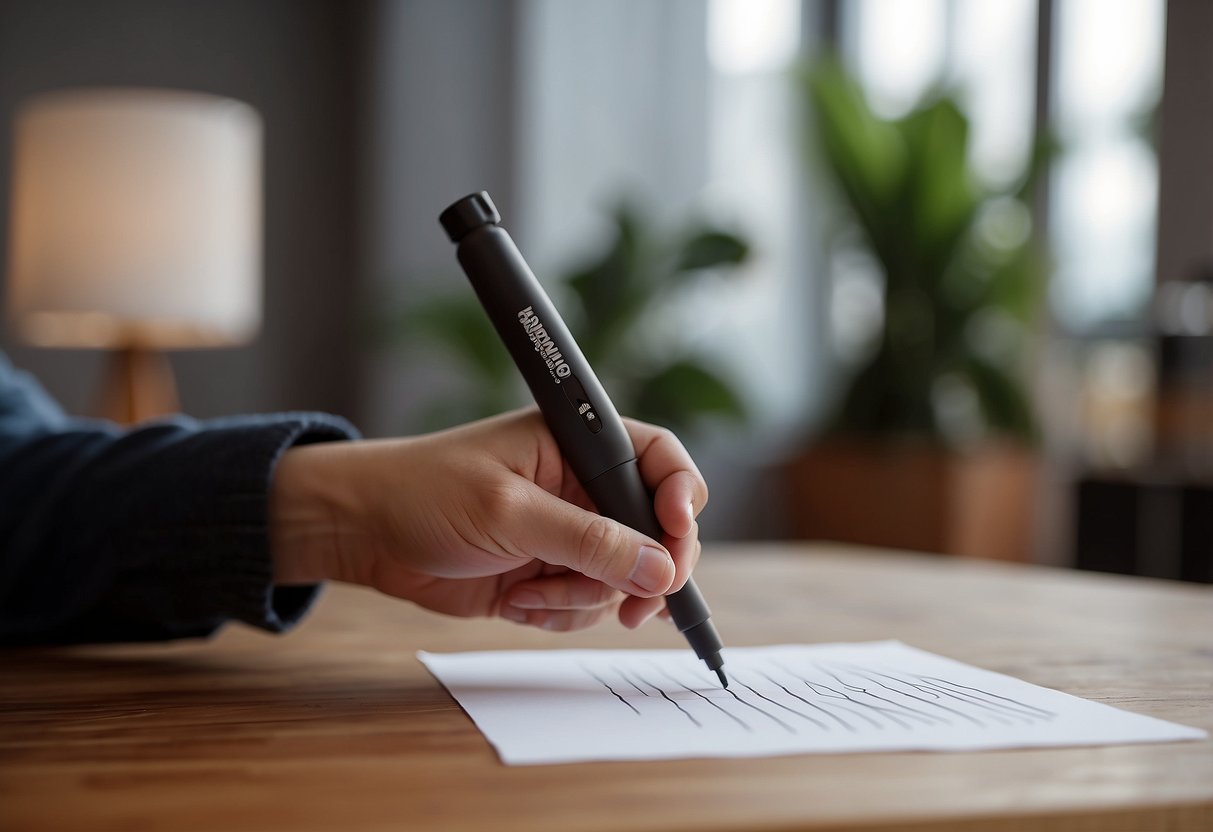 A hand holding an artline furniture marker, drawing clean lines on a wooden table with a chair in the background