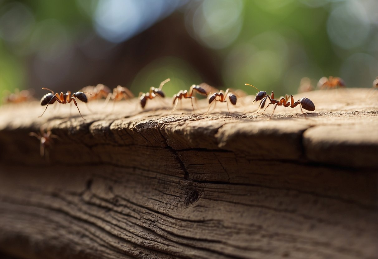 Ants crawling in and out of cracks in wooden furniture, leaving behind small piles of wood dust and debris