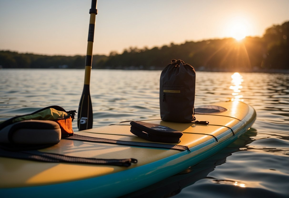 A paddleboard is loaded with gear, including a waterproof bag, sunscreen, and a map. The sun is setting over calm waters, with a distant shoreline in the background