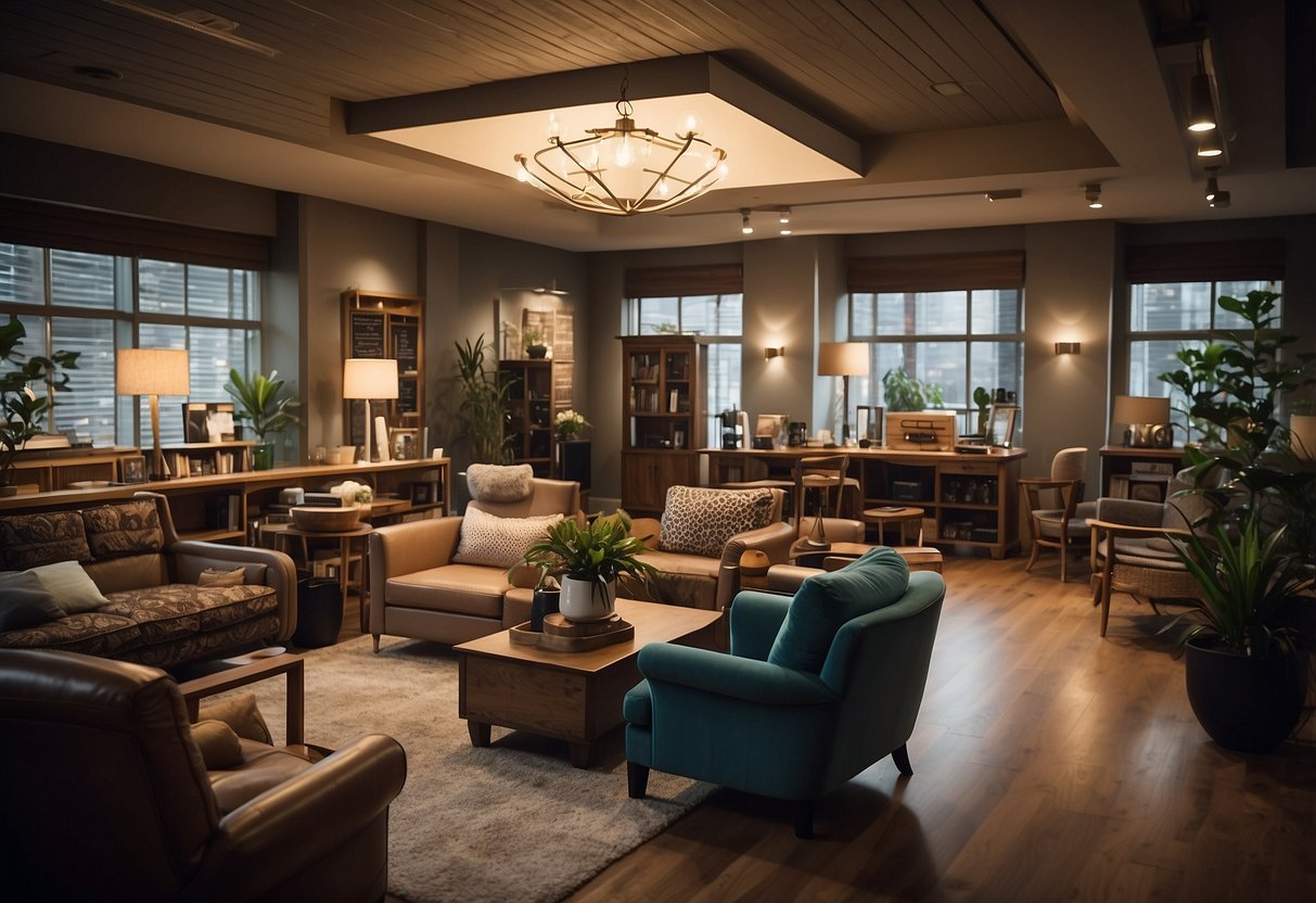 A room filled with various types of furniture, with a sign reading "Frequently Asked Questions" prominently displayed