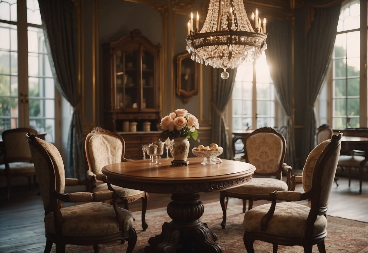 A cozy room with ornate chairs, a carved wooden table, and a vintage chandelier. Rich fabrics and intricate details adorn the traditional French furniture