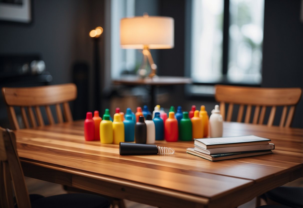 A wooden table with a set of Artline Furniture Markers scattered around, next to a chair and a lamp