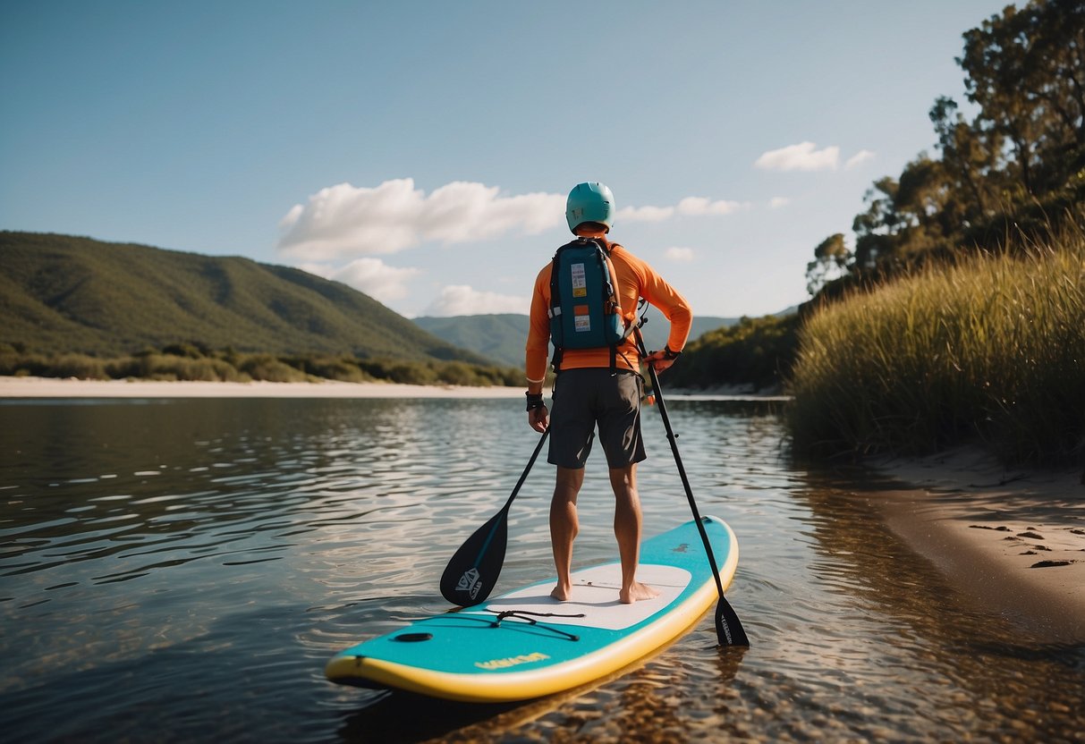 A paddleboarder stands on the shore, donning a helmet, life jacket, and sunscreen. Their board is equipped with a leash and paddle, ready for a long-distance journey