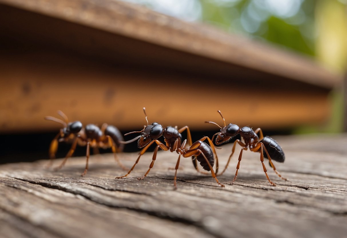 Ants crawling out of cracks in wooden furniture, while a pest control worker sprays insecticide to prevent infestation