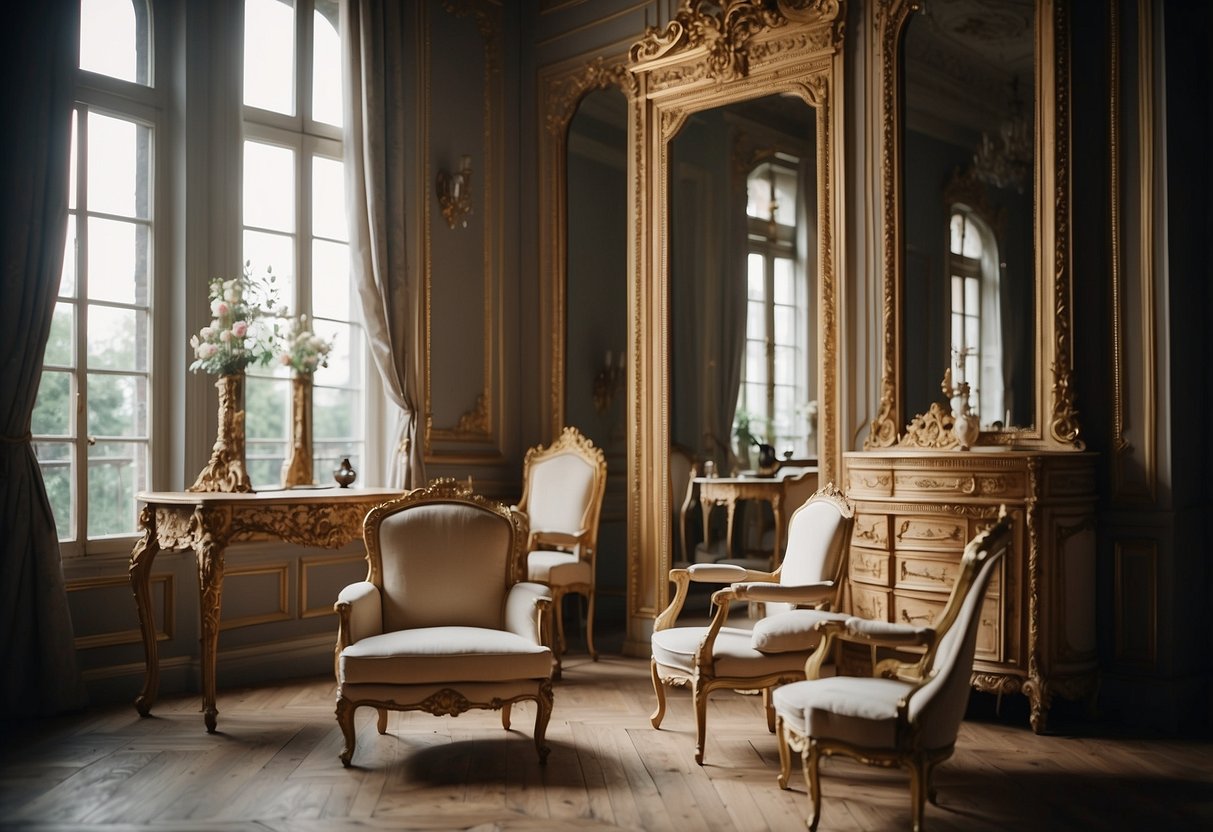 A grand chateau with ornate chairs, a gilded mirror, and a carved armoire, showcasing the evolution of traditional French furniture