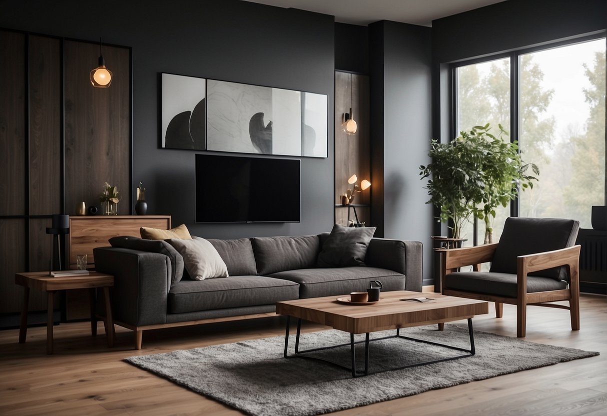 A living room with dark and light wood furniture mixed together
