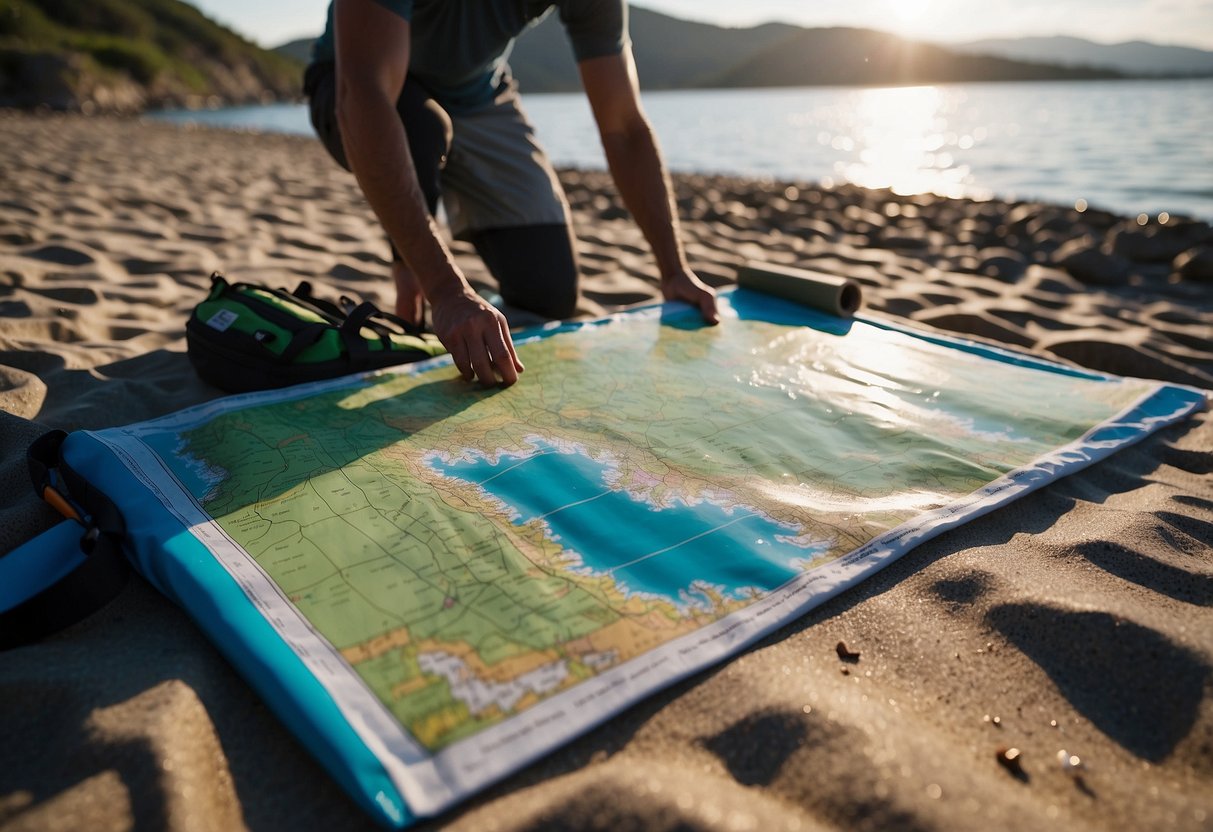 A paddleboarder unfolds a waterproof map on a calm, sunny shoreline, surrounded by gear and supplies for a long-distance trip