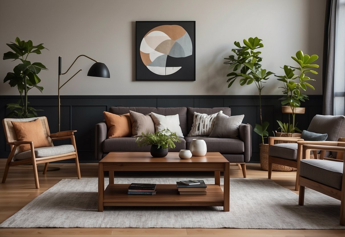 A living room with a mix of dark and light wood furniture, creating a balanced and harmonious design. The dark wood coffee table contrasts with the light wood bookshelf, while the chairs and side tables feature a blend of both tones