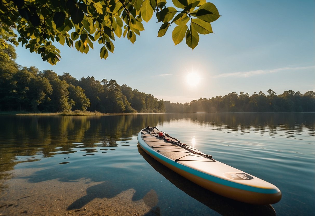 A paddleboard rests on a calm, glassy lake, surrounded by lush green trees and a clear blue sky. The quality paddle leans against the board, ready for a long-distance adventure