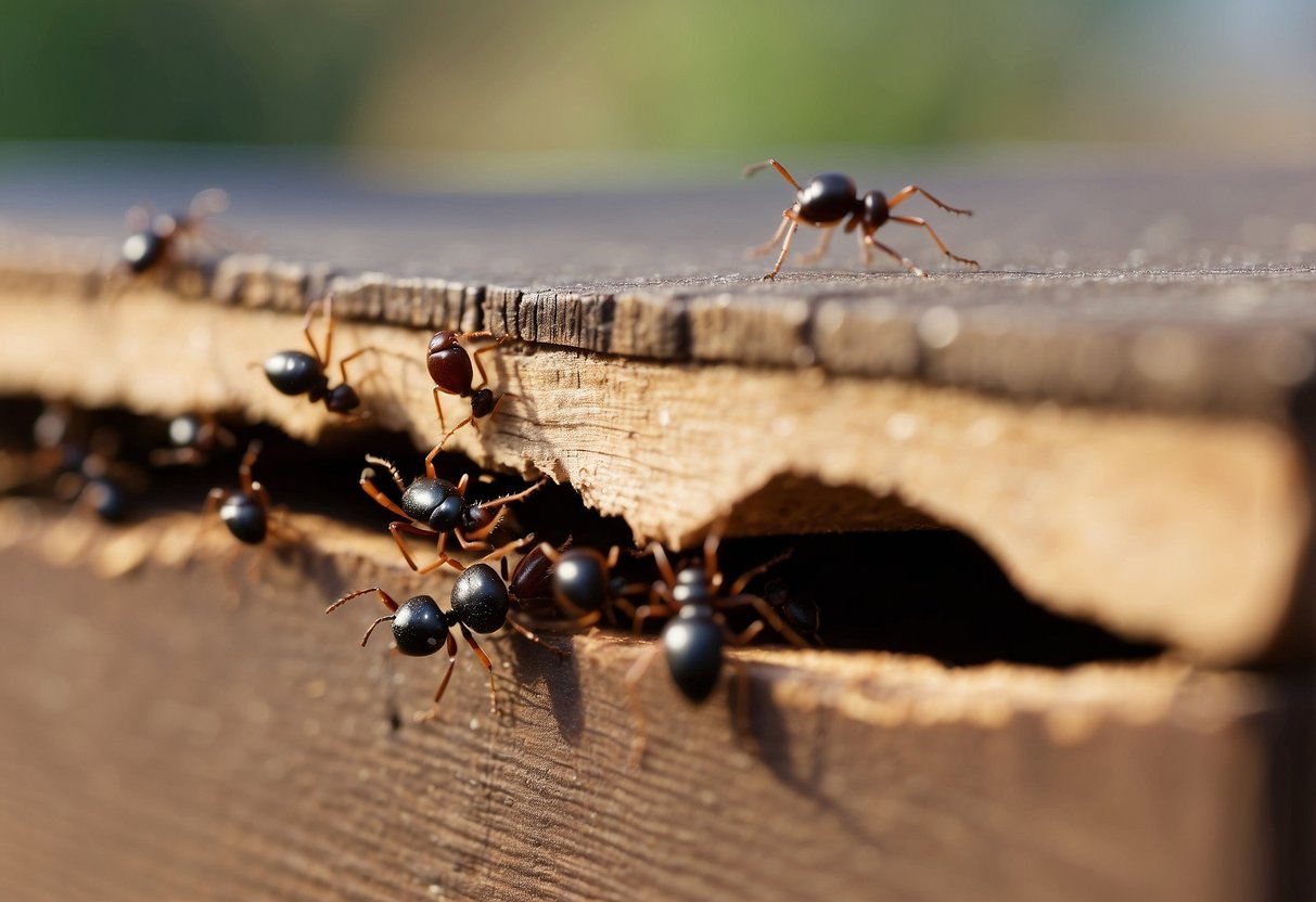 Ants crawling in and out of cracks in a wooden piece of furniture, with small wood shavings scattered around the area