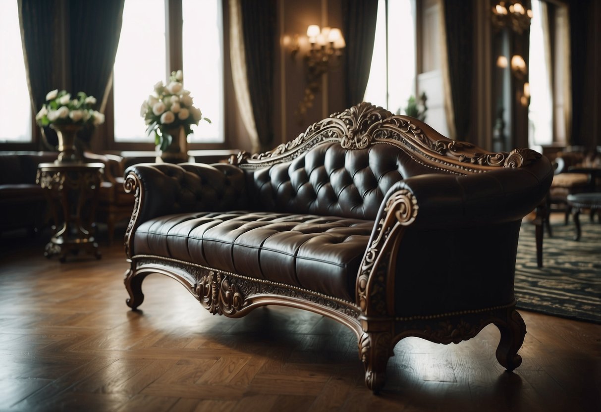 A room filled with ornate, carved wooden furniture, adorned with intricate designs and upholstered in luxurious fabrics. Rich, dark wood and elegant curves create a sense of opulence and sophistication