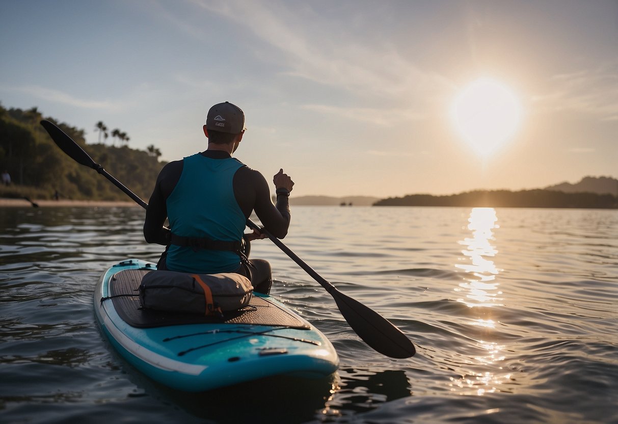 A paddleboarder maps out their journey, packing essentials and checking weather conditions. They gather gear and plan for potential obstacles on the open water