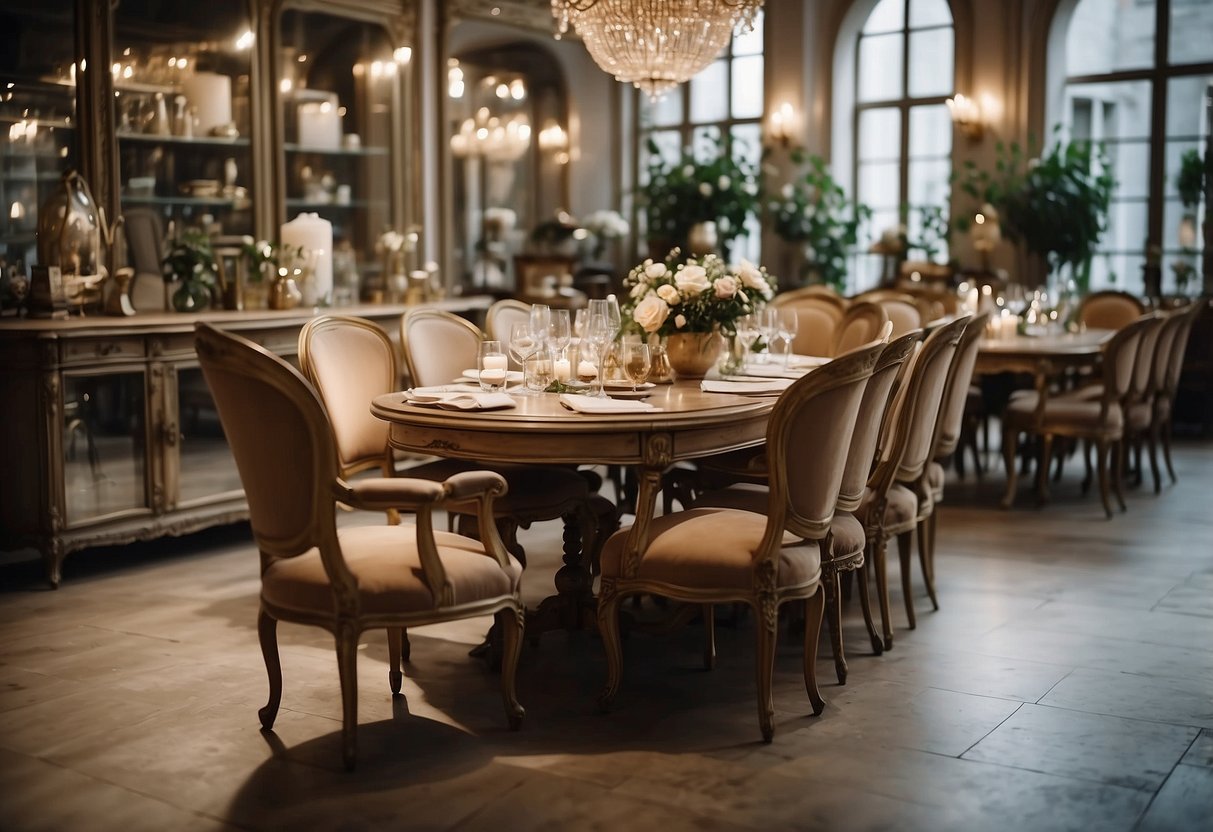 A cozy French furniture shop, with elegant chairs and ornate tables displayed. Customers browse, admiring the craftsmanship