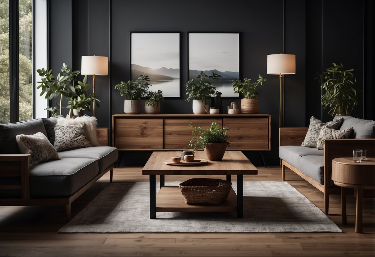 A living room with a mix of dark and light wood furniture, carefully accessorized and finished with decorative touches