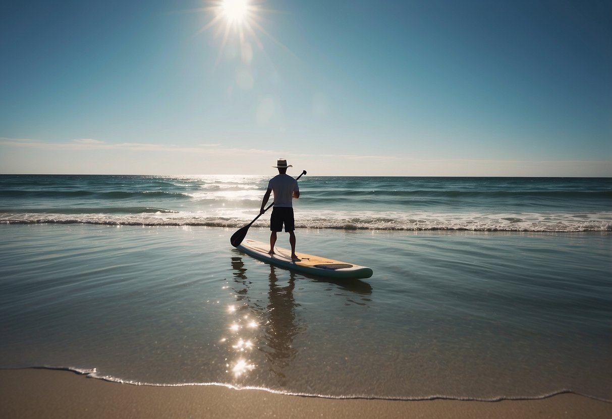 A sunny beach with calm waters, a paddleboarder wearing a lightweight hat, surrounded by clear blue skies and a gentle breeze