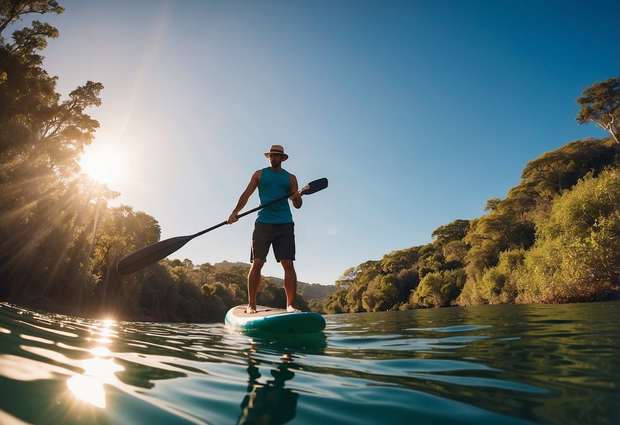 A colorful paddleboarder wearing the Sunday Afternoons Ultra Adventure Hat paddles through calm waters, surrounded by lush greenery and a clear blue sky