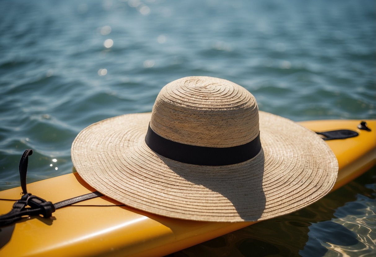 A sun hat rests on a paddleboard, surrounded by calm water and blue skies. The hat's wide brim provides shade, while its lightweight material makes it perfect for outdoor activities