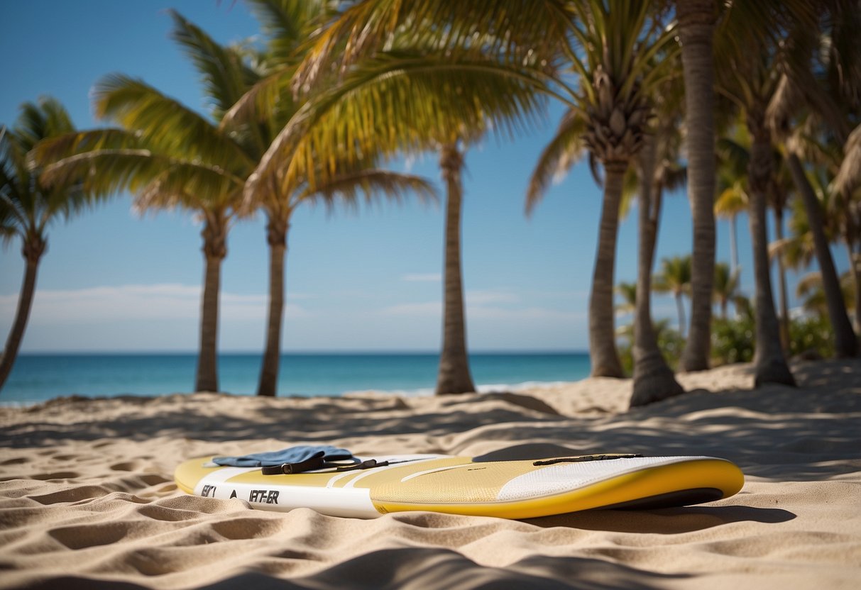 A sunny beach with calm waters, a paddleboard, and the Tilley Endurables LTM6 Airflo Hat resting on the board