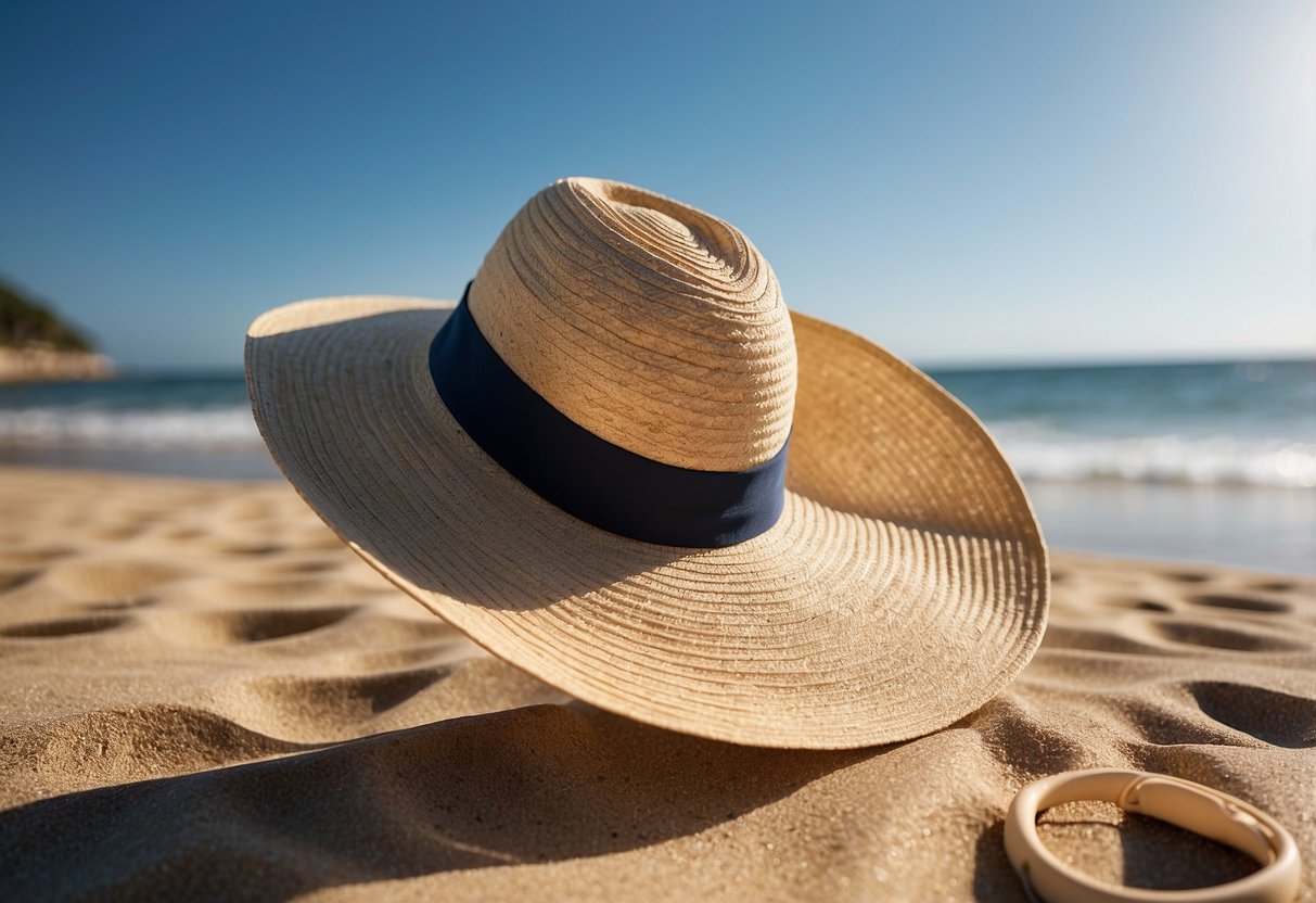 A woman's sun hat lies on a sandy beach, next to a paddleboard and a calm ocean with clear blue skies overhead