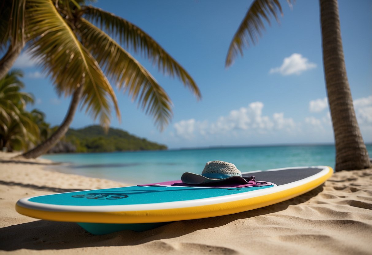 A sunny beach with calm waters, a paddleboard resting on the sand, and a Columbia Unisex Bora Bora Booney Hat placed on top, with palm trees in the background