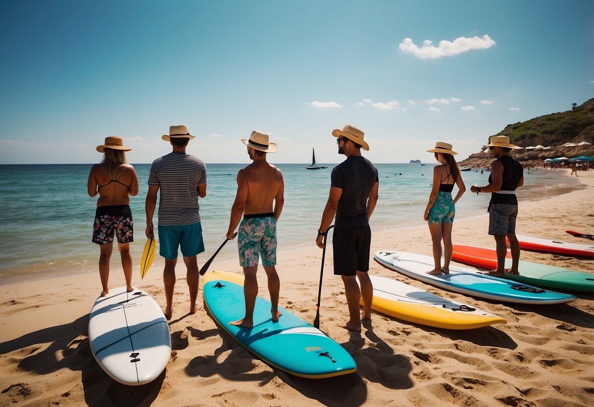 A sunny beach with calm waters, a paddleboarder wearing a lightweight hat, surrounded by other paddleboarders with different styles of hats