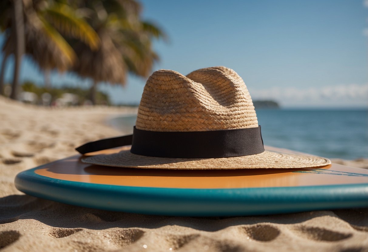 A sunny beach with a calm ocean, a paddleboard, and a lightweight hat. The hat should have a wide brim and a chin strap for security