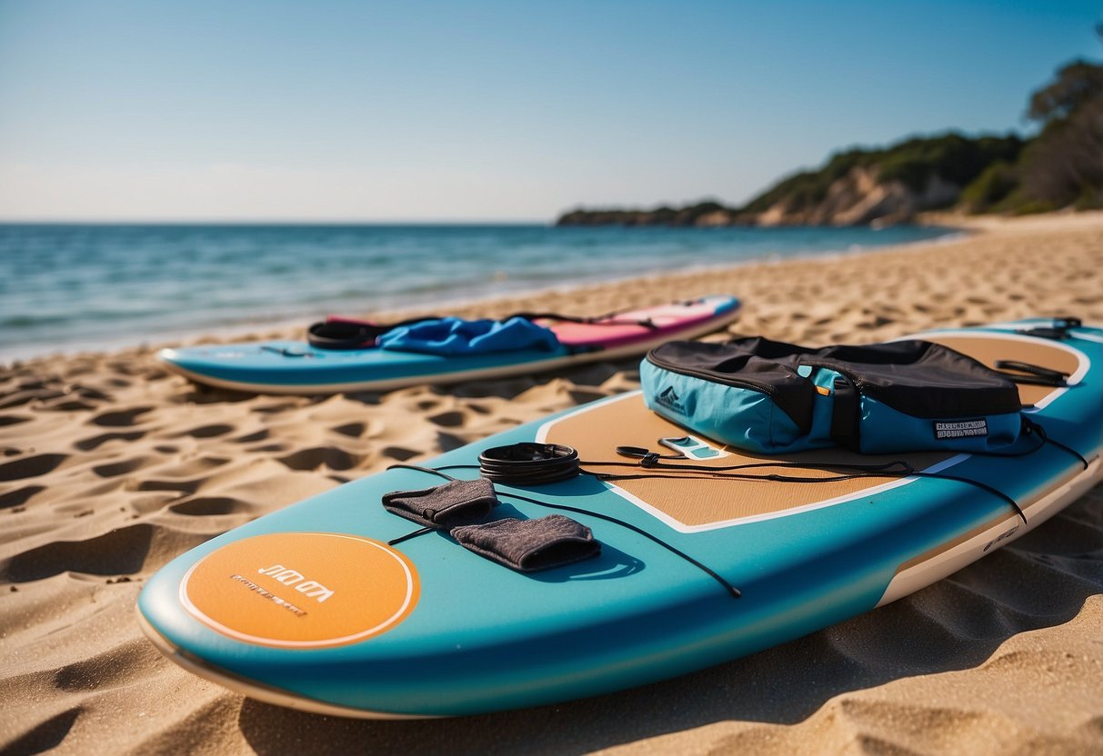 A sunny beach with a paddleboard, lightweight hats, and maintenance tools laid out neatly on the sand. Clear blue water and a bright sky in the background