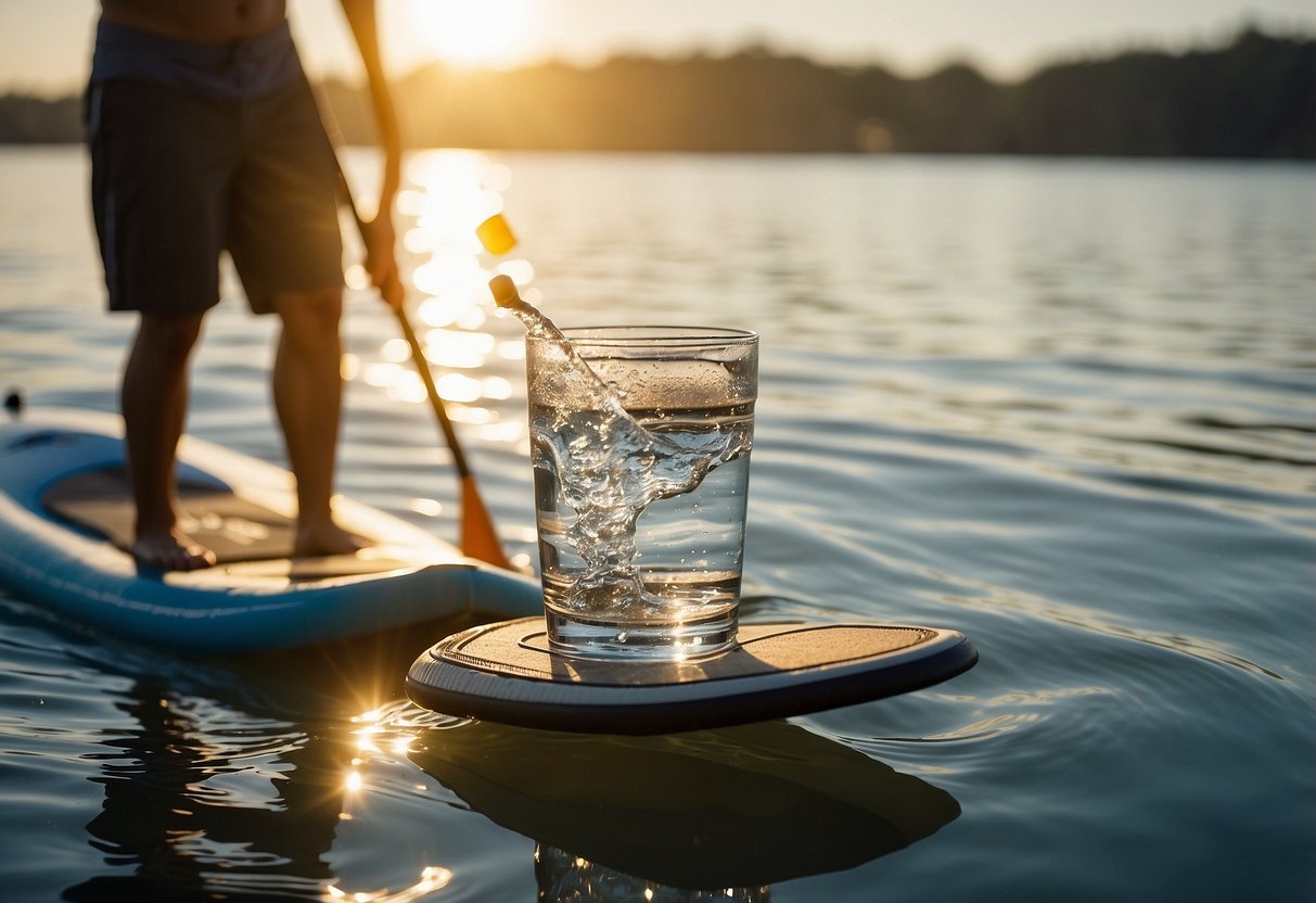 A paddleboard floats on clear water with a person's silhouette in the distance. A hand pours water through a filter into a clean container. Sunlight glistens on the surface