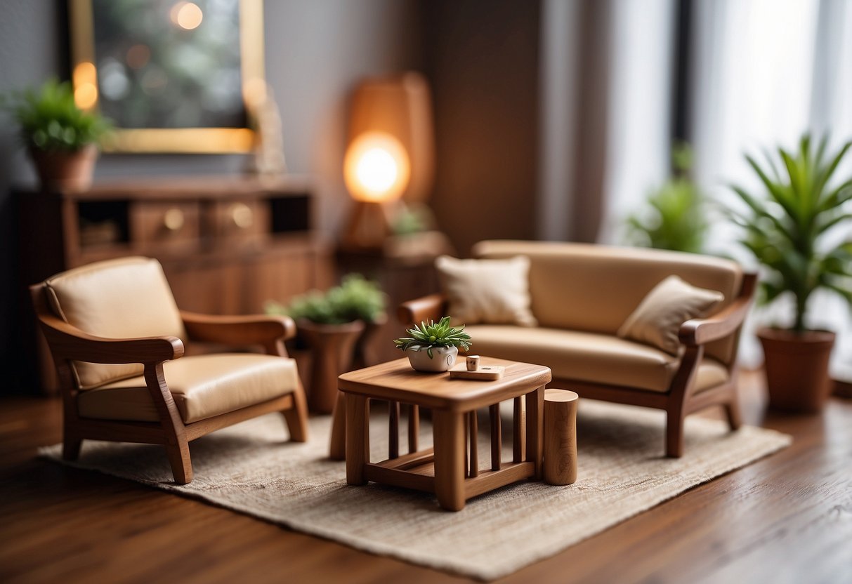 Miniature wooden furniture arranged in a cozy living room setting