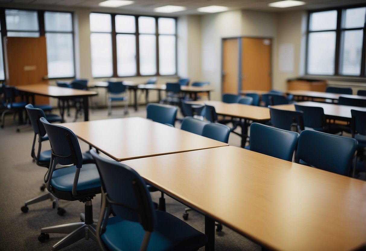 A classroom with movable desks and chairs, allowing for various seating arrangements and group activities