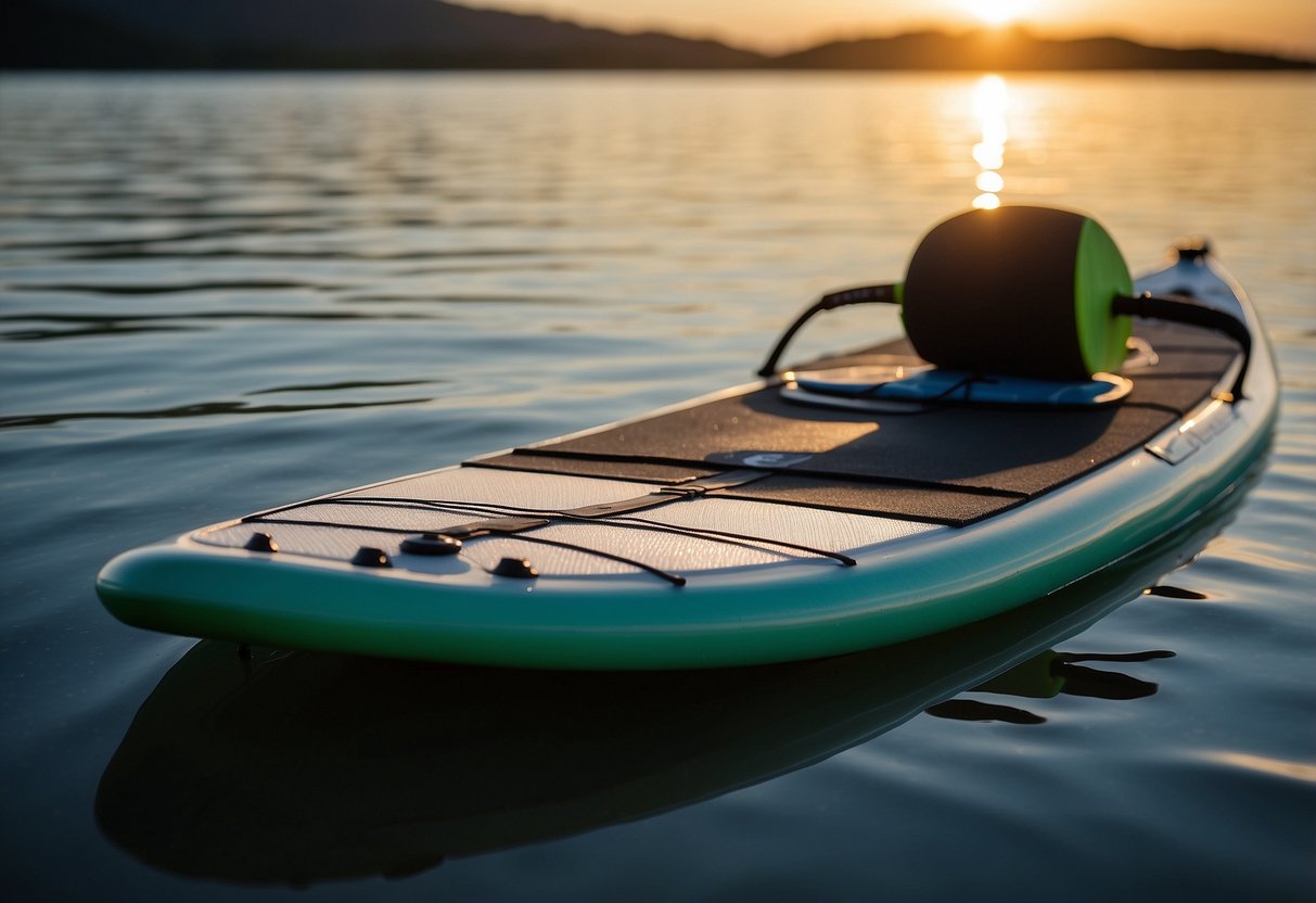 A paddleboard floats on calm water, with a Survivor Filter Pro X attached. The filter's 10 purification methods are visible, as the board glides through the serene setting