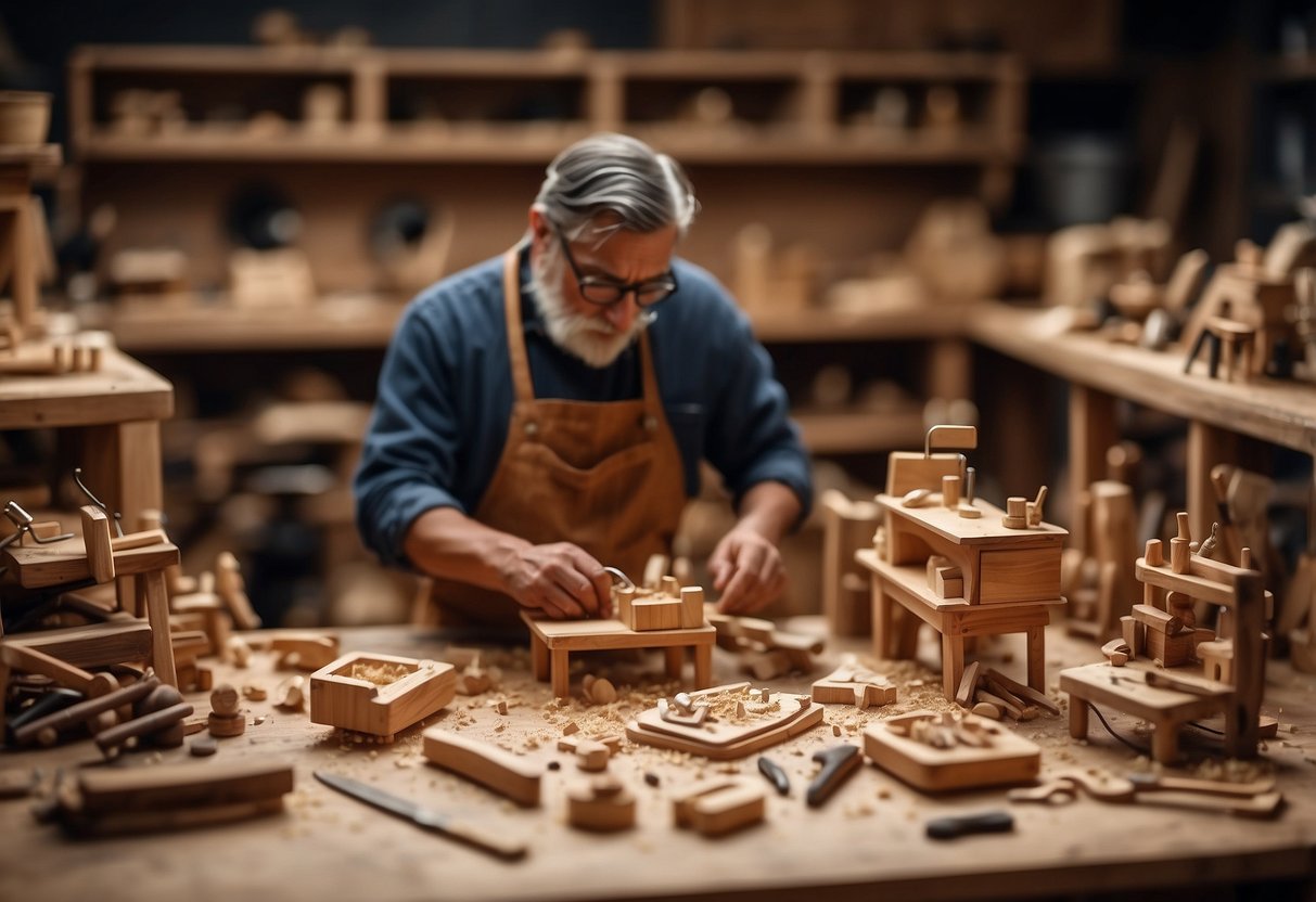 A craftsman carves tiny chairs and tables from wood, surrounded by miniature tools and wood shavings