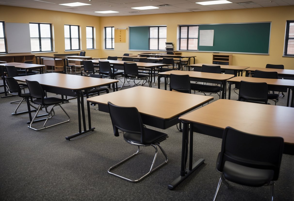 A classroom with adjustable desks and chairs arranged in various configurations to accommodate different learning activities