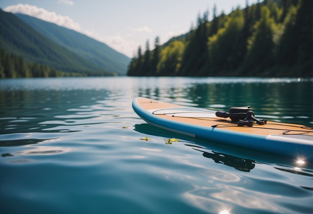 A clear blue lake with a paddleboard floating on the water. A Purewell Water Purifier Pump is attached to the board, with various methods of water purification displayed around it