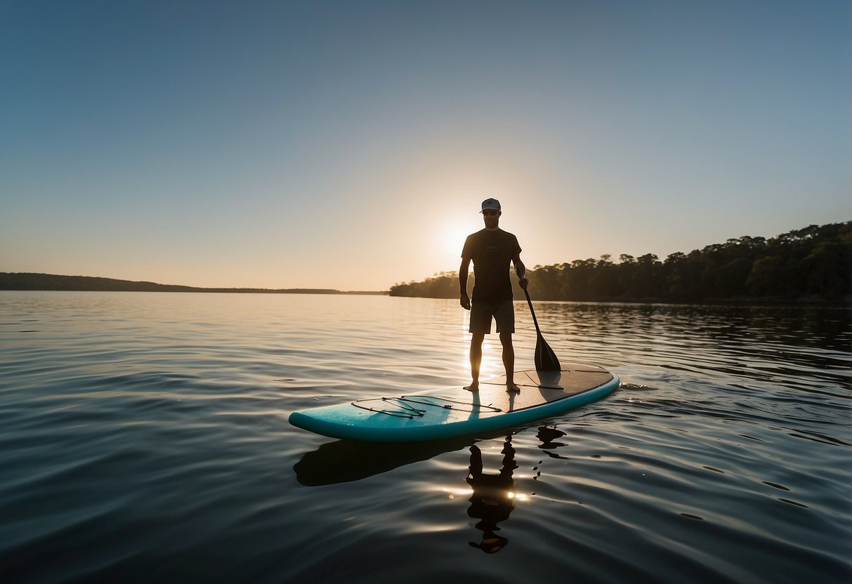 A paddleboard floats on calm water, with a Renovo Trio 3-Stage Filter attached to the board. The filter is shown purifying water in various ways, such as through UV light and carbon filtration