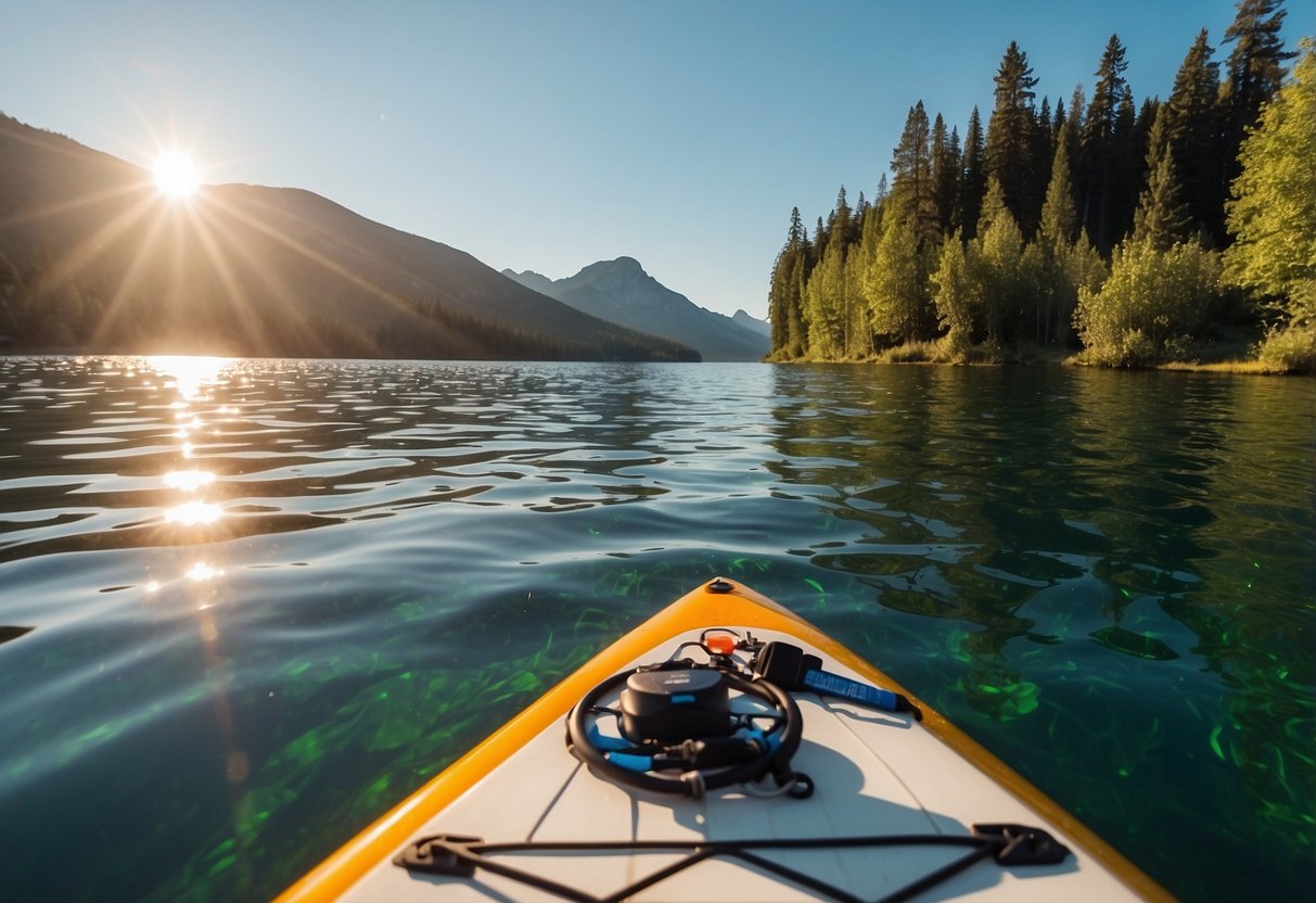 Crystal-clear lake, paddleboard in center. Sunlight glints off water. Nearby, various water purification methods displayed: boiling, iodine tablets, UV light, and more