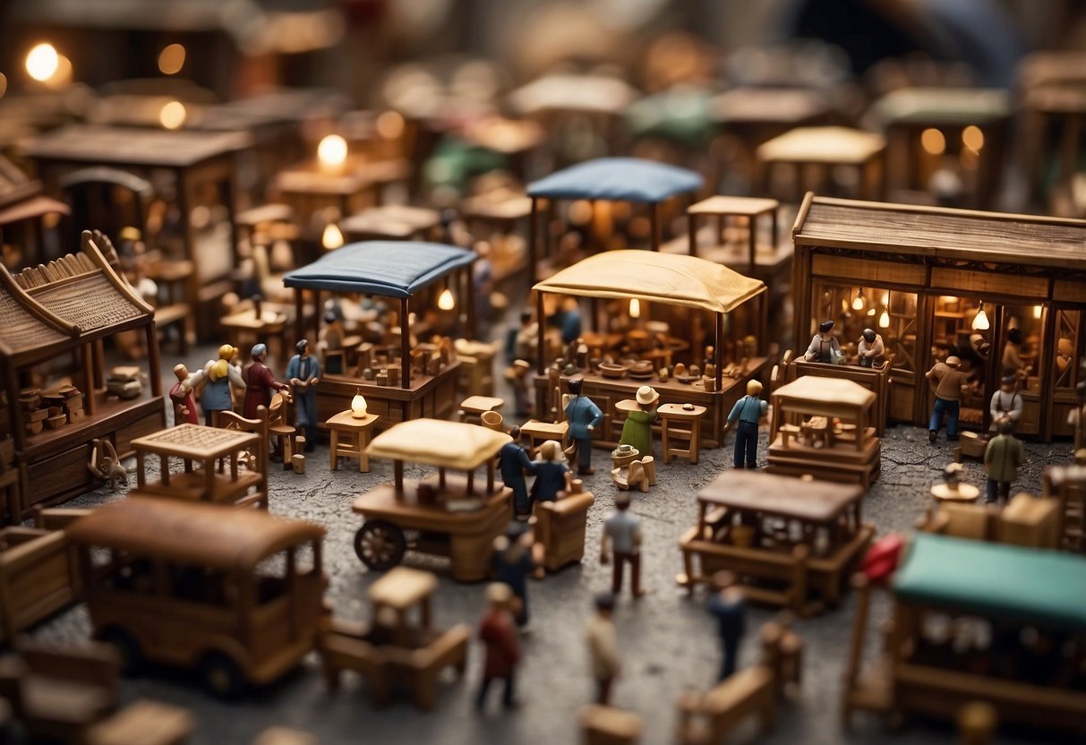 A bustling market with tiny wooden tables, chairs, and beds on display. Customers haggle with vendors, examining the intricate craftsmanship of the miniature furniture